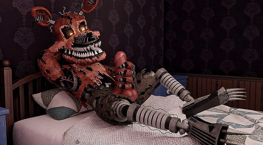 bed fingers furniture genitals lying machine male masturbation on_back penis pillow sharp_teeth solo teeth wallpaper_(decoration) anonymous_artist five_nights_at_freddy's five_nights_at_freddy's_4 scottgames nightmare_foxy_(fnaf) animatronic canid canine fox humanoid mammal robot 2023 3d_(artwork) digital_media_(artwork) full-length_portrait portrait