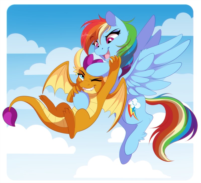 duo fangs female flying horn sky tail teeth wings dvixie friendship_is_magic hasbro my_little_pony mythology rainbow_dash_(mlp) smolder_(mlp) dragon equid equine mammal mythological_creature mythological_equine mythological_scalie pegasus scalie hi_res