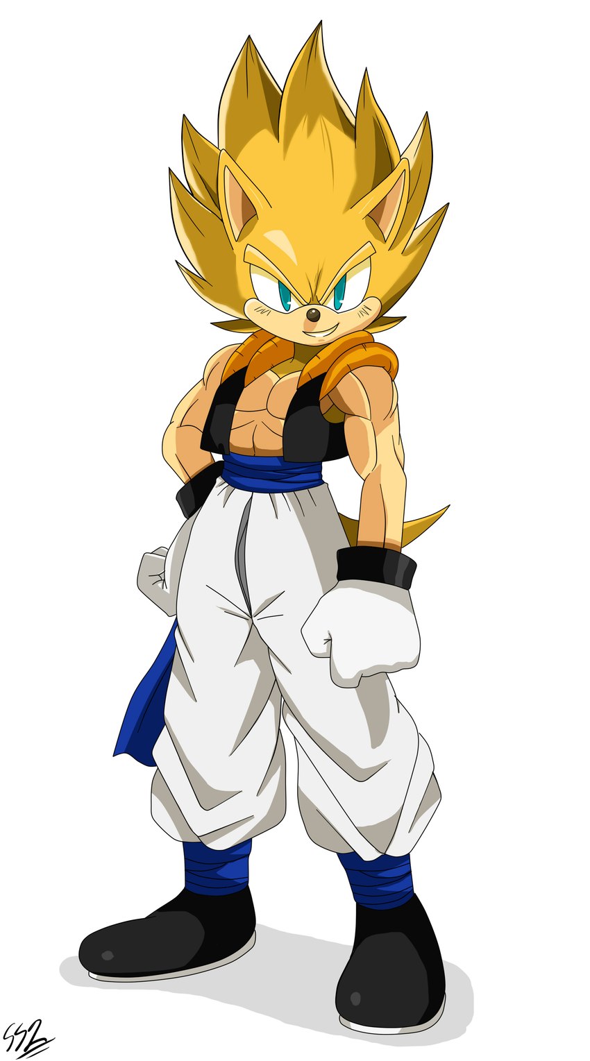 abs anthro black_nose blonde_hair blue_eyes bottomwear clothed clothing cosplay fur fusion gloves hair handwear looking_at_viewer male muscular muscular_anthro pants simple_background smile solo spiky_hair super_saiyan topwear vest white_clothing white_gloves white_handwear yellow_body yellow_fur sssonic2 dragon_ball dragon_ball_z sega sonic_the_hedgehog_(series) gogeta goku sonic_the_hedgehog super_sonic eulipotyphlan hedgehog mammal absurd_res crossover hi_res