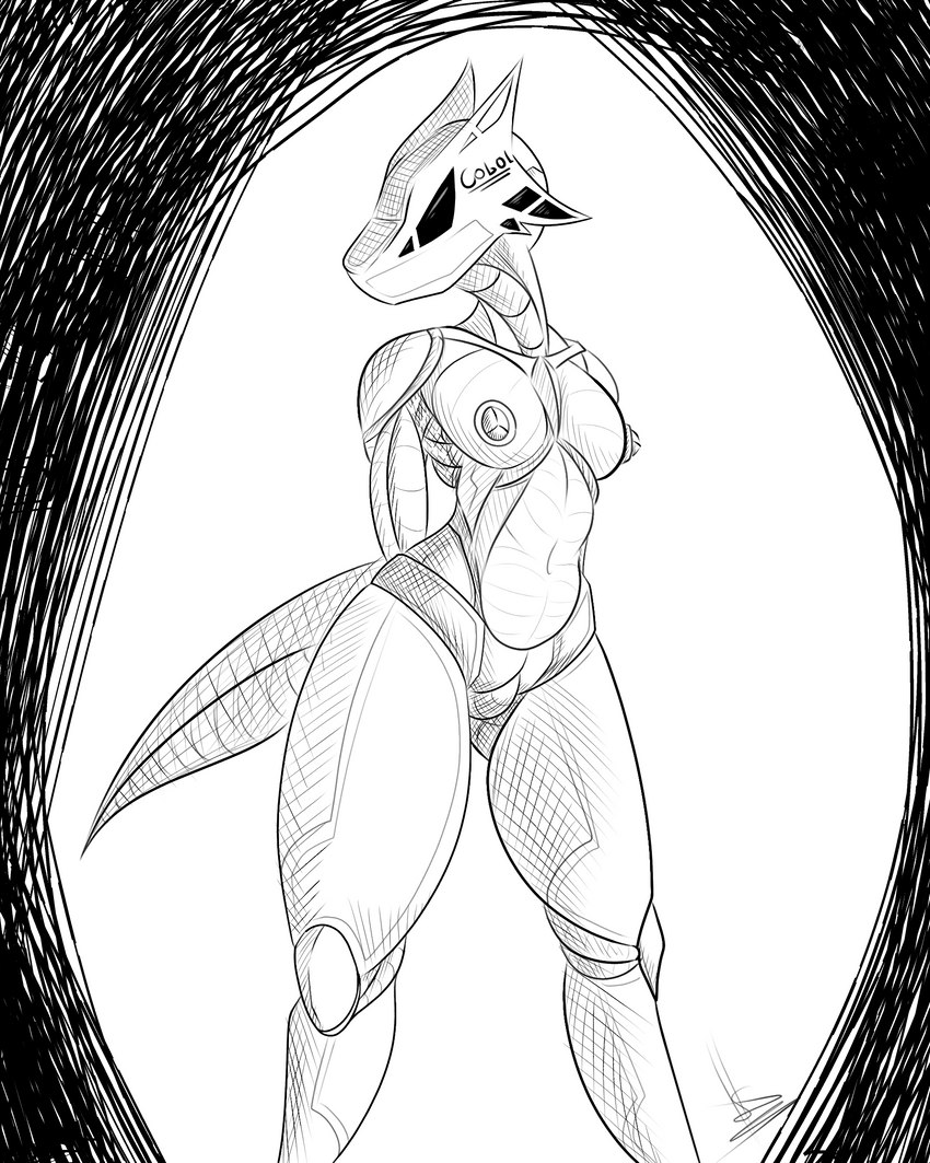 anthro boldtober breasts female ink looking_away machine mecha nipples solo text scalesindark android kobold robot scalie 4:5 digital_media_(artwork) hi_res monochrome url