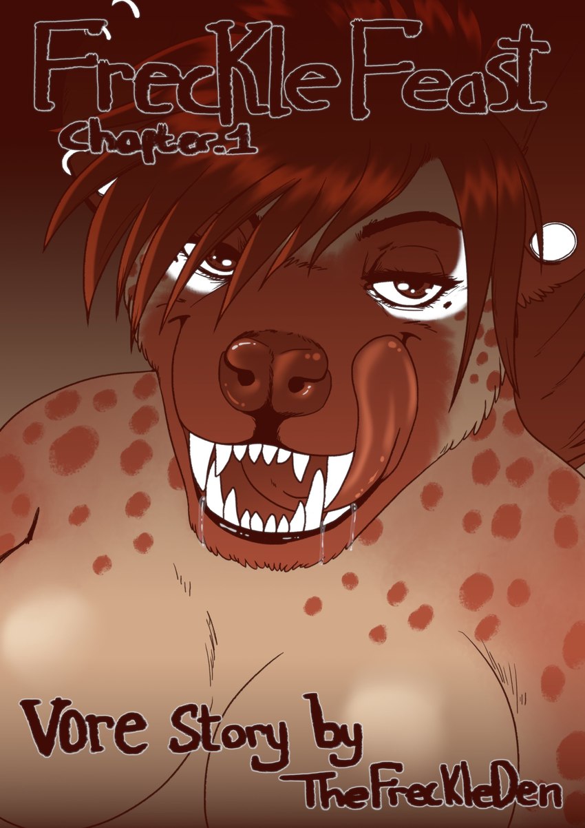 anthro bedroom_eyes big_breasts bodily_fluids breasts close-up drooling ear_piercing female gauged_ear licking licking_lips markings narrowed_eyes piercing saliva seductive sharp_teeth smile solo spots spotted_body teeth text tongue tongue_out thefreckleden zandii_(thefreckleden) hyena mammal spotted_hyena absurd_res comic cover cover_art cover_page digital_media_(artwork) english_text hi_res monochrome sepia