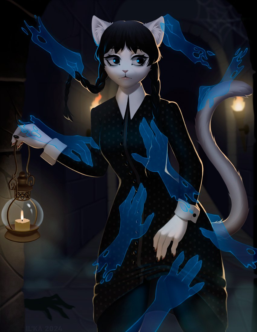 anthro black_clothing black_dress black_eyes black_hair braided_hair clothing crypt detailed_background disembodied_hand dress female fur ghost_hand hair inside lamp legwear ponytail solo tights white_body white_fur il'ka the_addams_family wednesday_addams domestic_cat felid feline felis mammal hi_res