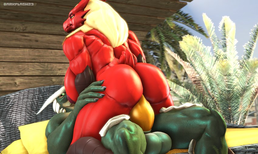 anthro areola back_muscles balls bed biceps big_balls big_breasts big_butt big_penis black_sclera blonde_hair blue_eyes breasts butt claws curvy_figure detailed_background duo eyelashes feathers female fingers furniture genitals green_body green_eyes green_scales hair huge_breasts huge_butt lying male male/female muscular muscular_anthro muscular_female muscular_male nipples nude on_back on_bed penetration penis red_body red_feathers scales sex short_tail tail thick_thighs vaginal vaginal_penetration wide_hips yellow_sclera darkflash23 nintendo petruz_(copyright) pokemon gallena_de_fuego_(reptilligator) lizard_(petruz) valz blaziken generation_3_pokemon lizard pokemon_(species) reptile scalie 2022 3d_(artwork) absurd_res artist_name digital_media_(artwork) hi_res source_filmmaker_(artwork) watermark