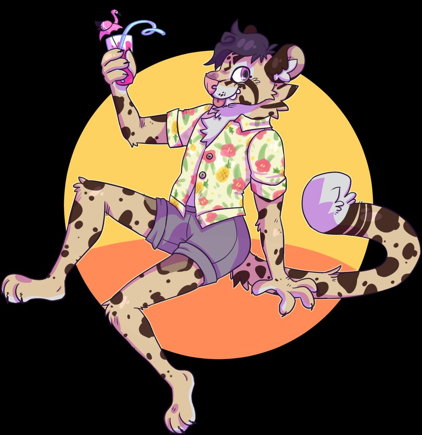 aloha_shirt anthro barefoot beverage black_hair blep bottomwear brown_spots clothed clothing drink_umbrella drinking_straw feet fully_clothed fur grey_bottomwear grey_clothing grey_shorts hair hindpaw holding_beverage holding_glass holding_object looking_at_viewer male markings pattern_clothing pattern_shirt pattern_topwear paws pink_nose pink_tongue plantigrade purple_eyes shirt shorts silly_straw simple_background sitting smile snout solo spots spotted_body spotted_fur tail tan_body tan_fur teeth tongue tongue_out topwear whisker_spots jaspering clouded_leopard felid mammal pantherine 2019 alpha_channel cel_shading digital_drawing_(artwork) digital_media_(artwork) full-length_portrait hi_res portrait shaded