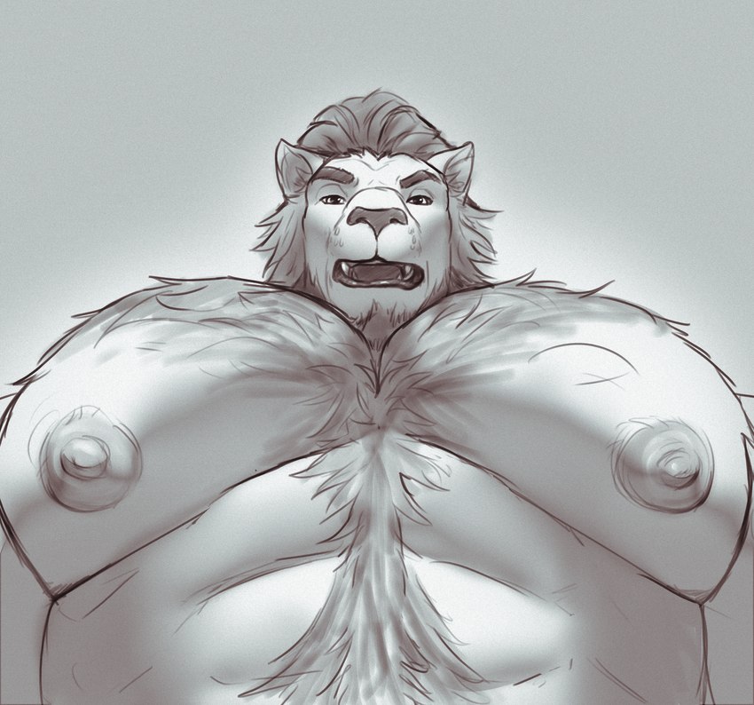 abs anthro beard bedroom_eyes big_muscles big_pecs body_hair chest_hair chest_tuft facial_hair first_person_view hairy happy_trail looking_at_viewer male manly musclegut muscular muscular_male narrowed_eyes nipples pecs seductive size_difference solo stomach_hair tuft tompi_(artist) final_fantasy final_fantasy_xiv square_enix felid feline hrothgar mammal absurd_res hi_res