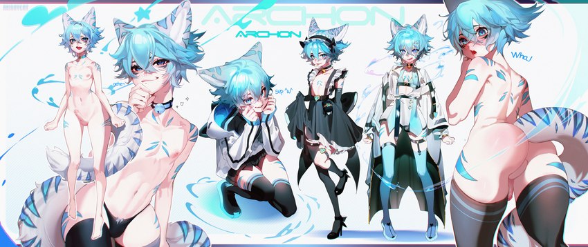 5_fingers 5_toes ^w^ accessory ankle_strap_heels areola backsack balls bell bell_collar blue_body blue_eyes blue_fur blue_hair bodily_fluids boots bottomwear bra butt choker clothed clothing collar dialogue erection exposed_chest eyelashes facial_markings feet femboy fingers footwear fur garter genitals grey_body grey_fur hair hair_accessory hairband hand_on_chin head_markings heart_eyes heart_symbol high_heels hoodie humanoid_genitalia humanoid_penis inner_ear_fluff jewelry kneeling leaning leaning_forward legwear licking licking_lips looking_at_viewer looking_back looking_down maid_uniform male markings messy_hair mostly_nude navel necklace nipples nude open_mouth panties penis pigeon_toed pink_areola pink_eyes pink_nipples pumps pupils raised_arm raised_arms raised_bottomwear raised_clothing raised_leg raised_skirt shadow shoes short_hair skirt smile smug socks solo standing star striped_markings stripes sweat sweatdrop symbol-shaped_pupils tattoo teeth text thigh_boots thigh_highs toes tongue tongue_out topwear tuft underwear uniform unusual_pupils white_body white_skin wide_hips akishycat archon_eclipse animal_humanoid felid felid_humanoid humanoid mammal mammal_humanoid pantherine pantherine_humanoid snow_leopard_humanoid absurd_res artist_name english_text hi_res model_sheet