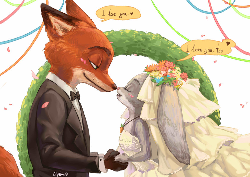 anthro blush bride clothed clothing dialogue dress duo female flower fully_clothed fur grey_body grey_fur groom jewelry looking_at_another male necklace orange_body orange_fur petals plant smile speech_bubble suit text wedding_dress white_body white_fur captain_an disney zootopia judy_hopps nick_wilde canid canine fox lagomorph leporid mammal rabbit red_fox true_fox 2016 absurd_res english_text hi_res