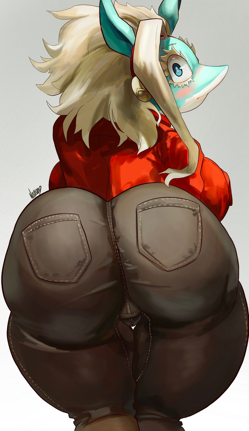 anthro biped blonde_hair blue_eyes blush bottomwear butt clothed clothing denim denim_bottomwear denim_clothing eyelashes female green_body grey_background hair jeans looking_at_viewer looking_back looking_back_at_viewer pants rear_view simple_background solo noblood my_hero_academia ippan_josei canid canine fox mammal quirked_human_(my_hero_academia) hi_res signature