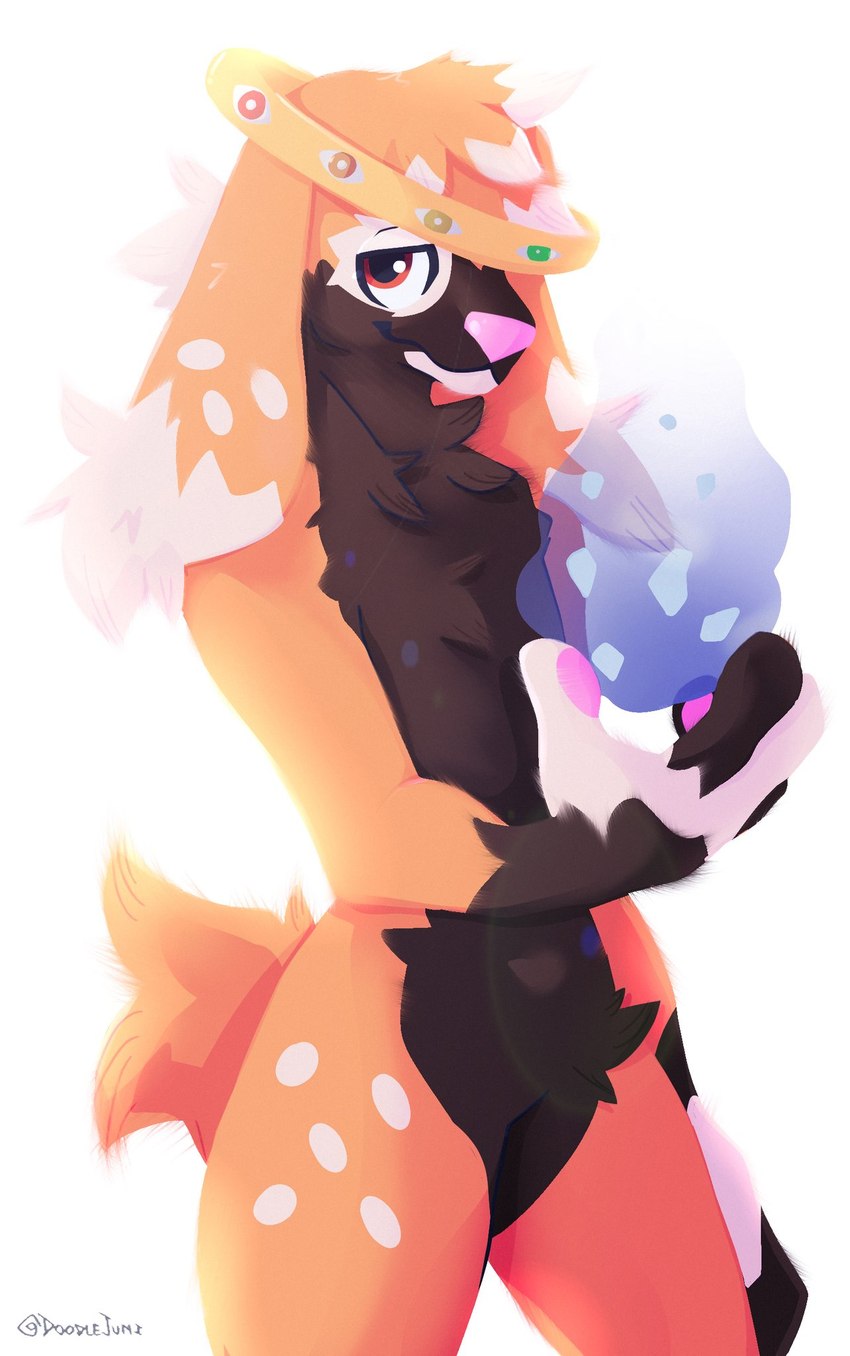 ambiguous_gender anthro artifact ear_tuft elemental_manipulation fluffy fluffy_tail looking_at_viewer magic magic_user markings pawpads red_eyes short_tail smile solo standing tail tuft doodlejuni lagomorph leporid mammal rabbit hi_res lineless painting_(artwork) traditional_media_(artwork)