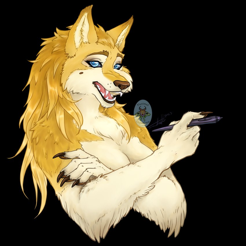 anthro black_sclera blonde_mane blue_eyes female fur hair logo long_hair mane markings mole_(marking) neutral_expression png_avatar simple_background solo stylus_(object) teeth_showing transparent_background yellow_body yellow_fur fanimal_creations mythology lyris_(fanimalcreations_oc) canid canine canis mammal mythological_canine mythological_creature werecanid werecanine werecreature werewolf wolf 1:1 alpha_channel artist_logo bust_portrait digital_media_(artwork) hi_res portrait