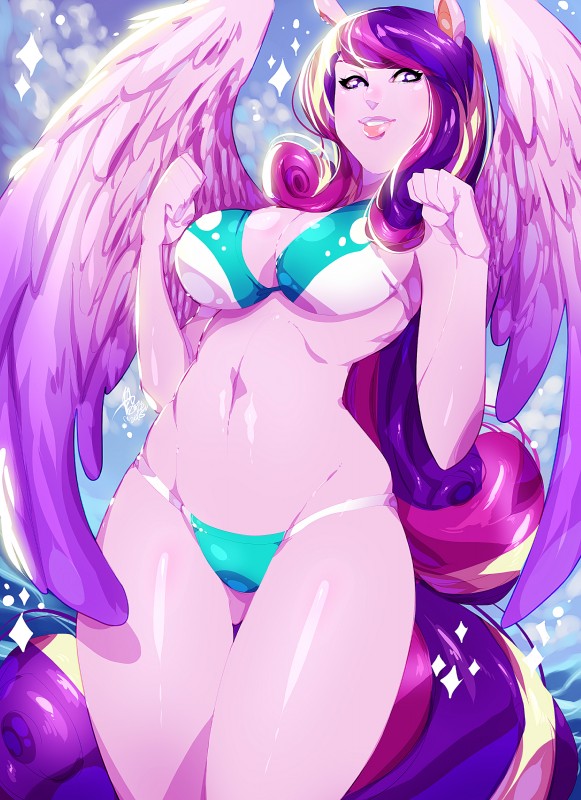 alternate_species big_breasts bikini blonde_hair breasts cleavage clothed clothing feathered_wings feathers female hair horn humanoidized lips long_hair looking_at_viewer navel pink_body pink_feathers pink_hair pink_skin purple_eyes purple_hair smile solo standing swimwear two-piece_swimsuit wide_hips wings xdtopsu01 friendship_is_magic hasbro my_little_pony mythology princess_cadance_(mlp) animal_humanoid equid equine humanoid mammal mythological_creature mythological_equine winged_unicorn 2015 absurd_res hi_res