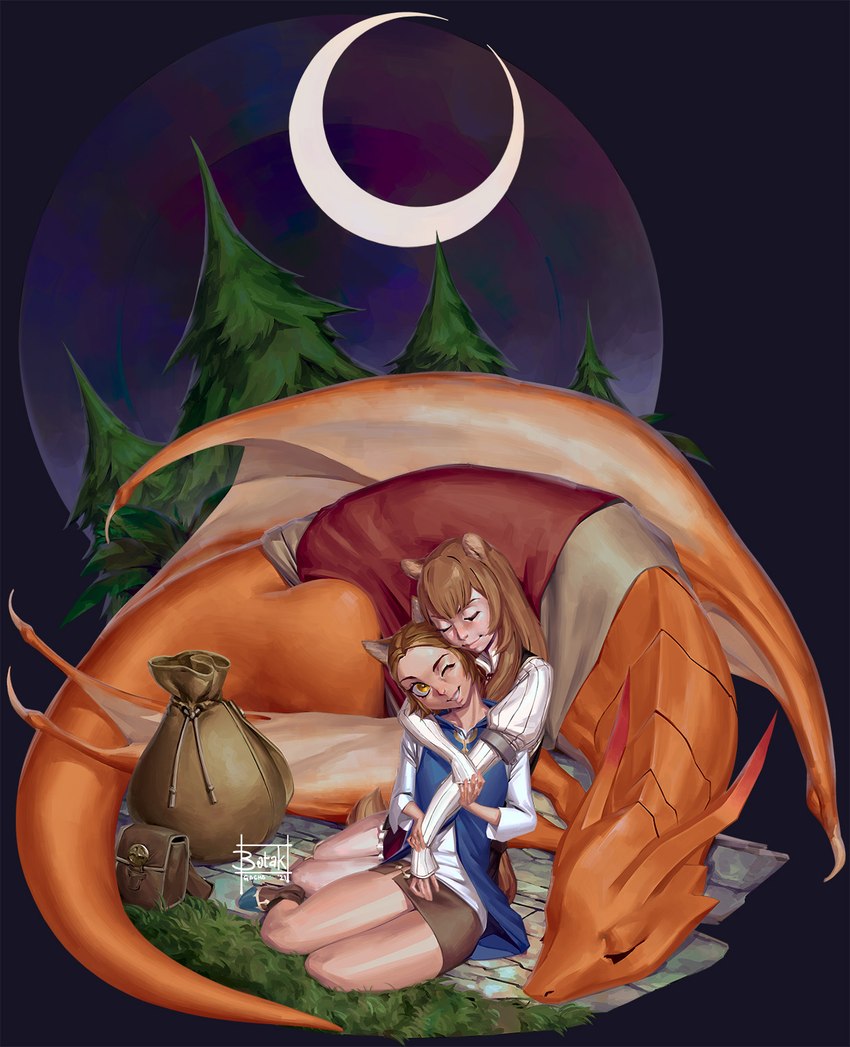 bottomwear brown_hair clothing eyes_closed female feral grass group hair horn hug hugging_another hugging_from_behind membrane_(anatomy) membranous_wings moon night orange_body plant sitting skirt smile tail tree wings yellow_eyes botak mythology the_rising_of_the_shield_hero raphtalia wyndia_(the_rising_of_the_shield_hero) animal_humanoid canid canid_humanoid canine canine_humanoid dog_humanoid dragon humanoid mammal mammal_humanoid mythological_creature mythological_scalie scalie tanuki_humanoid 2021 hi_res