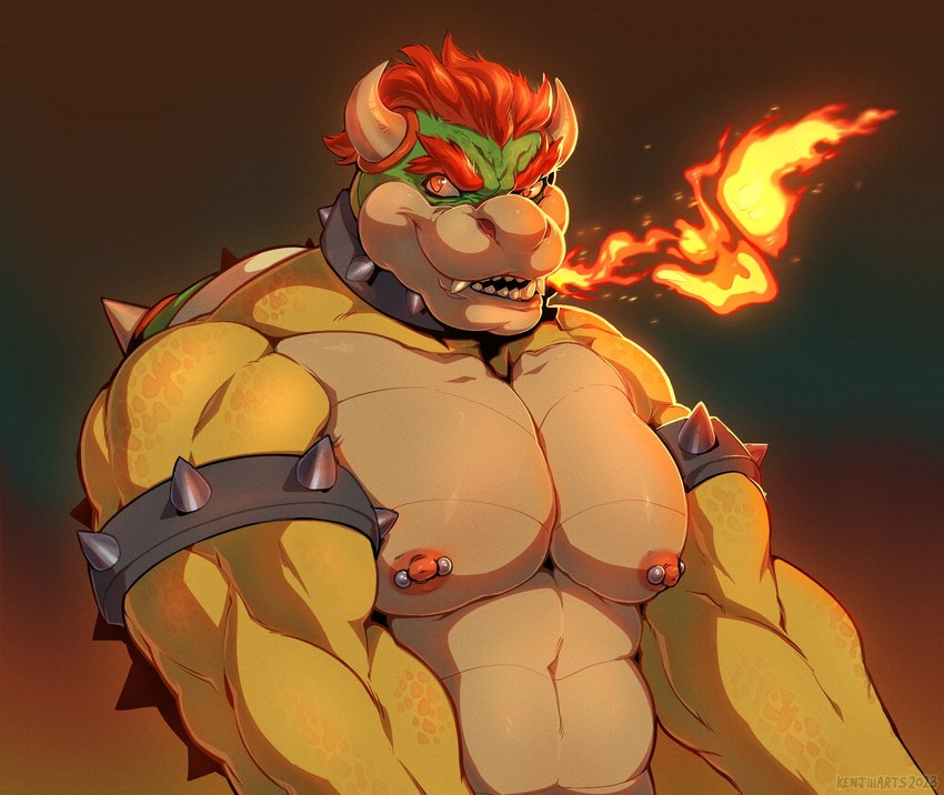 abs anthro armband barazoku biceps big_muscles big_pecs breath_powers collar deltoids elemental_manipulation eyebrows fire fire_breathing fire_manipulation gradient_background hair horn huge_muscles looking_at_viewer male manly midriff muscular muscular_anthro muscular_male nipple_piercing nipples non-mammal_nipples nude pecs piercing red_hair shell simple_background solo spiked_armband spiked_collar spiked_shell spikes spikes_(anatomy) teeth kenjiii bowser_day mario_bros nintendo bowser koopa scalie 2023 half-length_portrait hi_res portrait