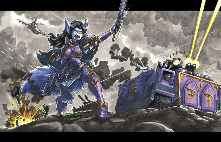 adepta_sororitas aircraft airplane anthro armor battle black_hair blue_body blue_fur boob_armor cloud explosion female fur gun gunfire hair melee_weapon ranged_weapon solo sword tank vehicle weapon ewgengster warhammer_(franchise) warhammer_40000 sister_of_battle canid canine canis mammal wolf absurd_res hi_res traditional_media_(artwork)