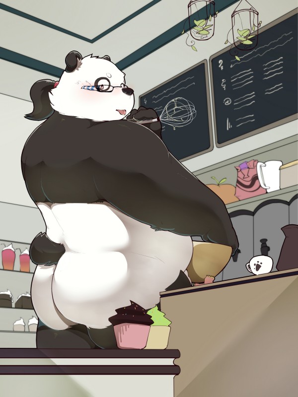 blush cafe caught_in_the_act clothing cupcake eyewear finger_fetish finger_lick finger_play fingers food genitals glasses hair holding_whisk inside kemono kitchen_utensils licking looking_back male nude obese obese_male overweight overweight_male penis ponytail rear_view solo tongue tongue_out tools whisk quanjiang bear giant_panda mammal 2018 3:4 absurd_res hi_res