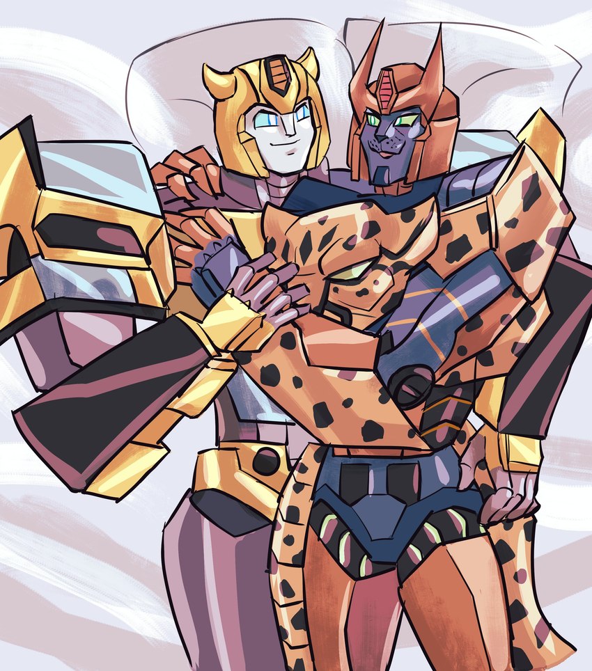 anthro bed blue_eyes cuddling duo furniture green_eyes hand_over_shoulder looking_at_another machine male male/male pillow romantic romantic_couple spots jigyerr2 resunke hasbro takara_tomy transformers transformers:cyberverse bumblebee_(transformers) cheetor cheetah cybertronian felid feline humanoid mammal robot robot_anthro robot_humanoid absurd_res hi_res