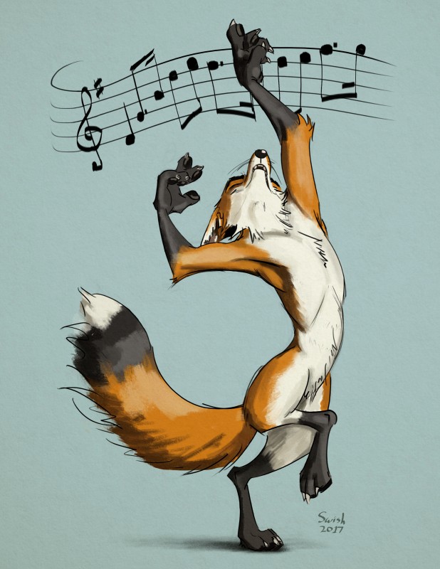 3_toes 5_fingers anthro biped black_nose claws eyes_closed featureless_crotch feet fingers looking_up multicolored_tail musical_clef musical_note musical_symbol on_one_leg solo standing symbol tail teeth toes treble_clef tuft whiskers swish canid canine fox mammal 2017 absurd_res hi_res