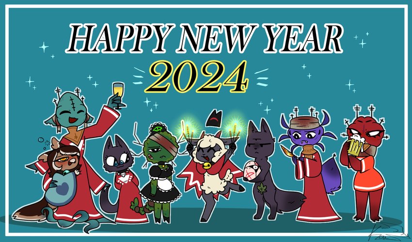 ambiguous_gender anthro beverage blue_background clothed clothing female fig_leaf fluffy frown group leaf maid_uniform male nude simple_background smile sparkles standing text uniform luntalie cult_of_the_lamb massive_monster_(studio) new_year_2024 heket_(cult_of_the_lamb) kallamar_(cult_of_the_lamb) lamb_(cult_of_the_lamb) leshy_(cult_of_the_lamb) narinder red_crown_(cult_of_the_lamb) ruri_(cult_of_the_lamb) shamura_(cult_of_the_lamb) the_one_who_waits amphibian arachnid arthropod bovid caprine cephalopod coleoid decapodiform domestic_cat felid feline felis frog mammal marine mollusk sheep spider worm english_text hi_res