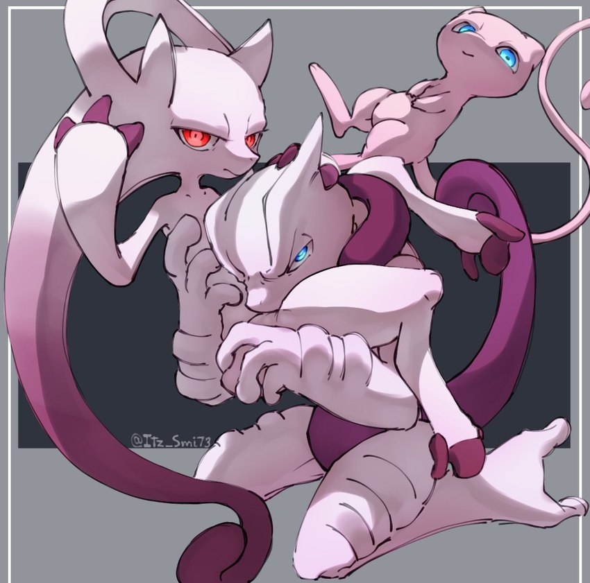 blue_eyes carrying_another group looking_at_viewer pink_body pose red_eyes simple_background tail trio white_body itz_smi73 nintendo pokemon generation_1_pokemon generation_6_pokemon legendary_pokemon mega_evolution mega_mewtwo mega_mewtwo_x mega_mewtwo_y mew_(pokemon) pokemon_(species)