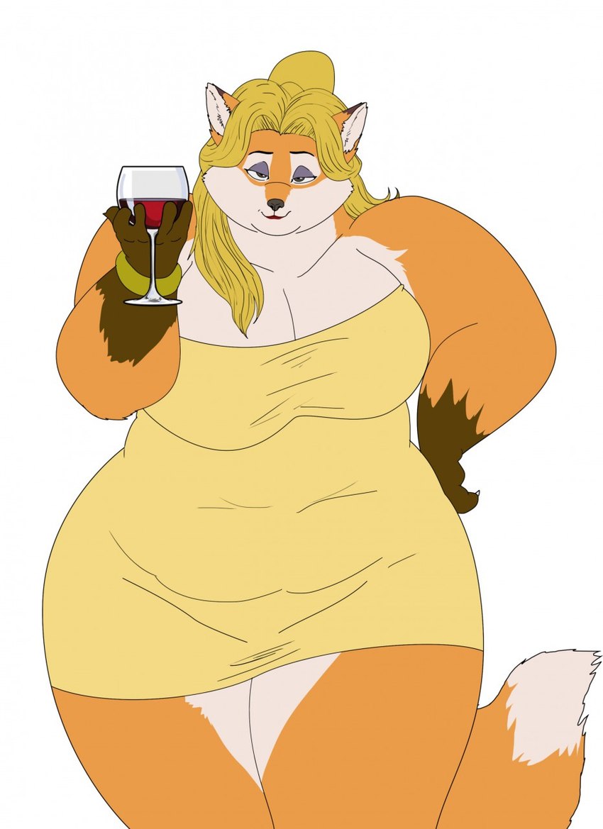 alcohol anthro bedroom_eyes belly beverage big_breasts blonde_hair bracelet breasts clothing container cup dress drinking_glass eyeshadow female fur glass glass_container glass_cup gold_(metal) gold_bracelet gold_dress gold_jewelry hair huge_breasts jewelry makeup multicolored_body multicolored_fur narrowed_eyes obese orange_body orange_fur overweight overweight_anthro overweight_female seductive simple_background solo thick_thighs two_tone_body two_tone_fur white_background wide_hips wine wine_glass xxsparcoxx michelle_(xxsparcoxx) canid canine fox mammal 2018 digital_media_(artwork) flat_colors hi_res