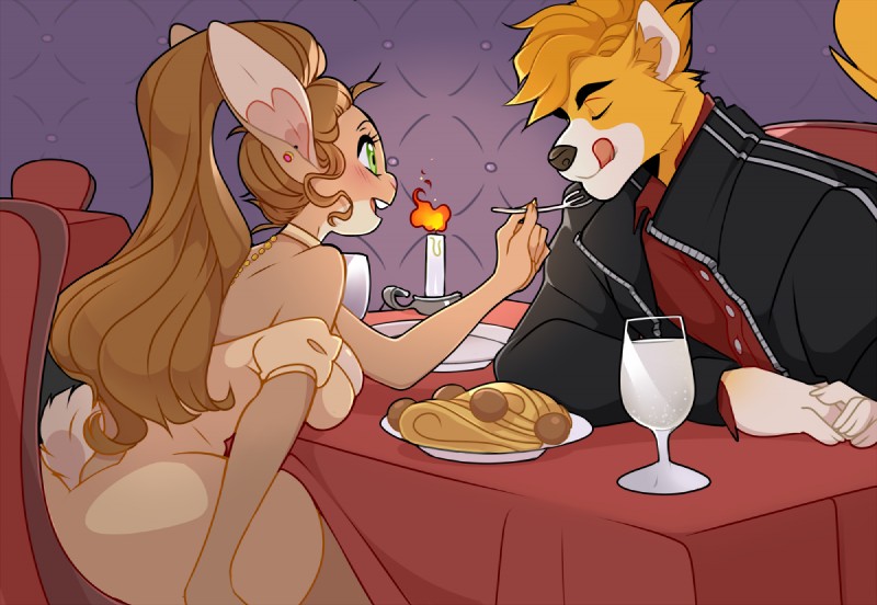 alcohol anthro beverage blonde_hair blush brown_hair candle clothing dress duo ear_piercing ear_ring eyes_closed female food furniture green_eyes hair male pasta piercing restaurant ring_piercing romantic romantic_ambiance romantic_couple romantic_dinner sitting spaghetti table tongue tongue_out wine joojoo canid canine canis lagomorph leporid mammal rabbit wolf