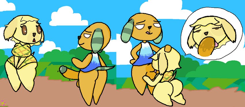 anthro aroused bottomless clothed clothing duo erect_nipples eye_roll female looking_pleasured male male/female nipple_outline nipples oral penis_awe public short_stack wide_hips klutzatdusk animal_crossing nintendo biskit_(animal_crossing) goldie_(animal_crossing) canid canine canis domestic_dog mammal