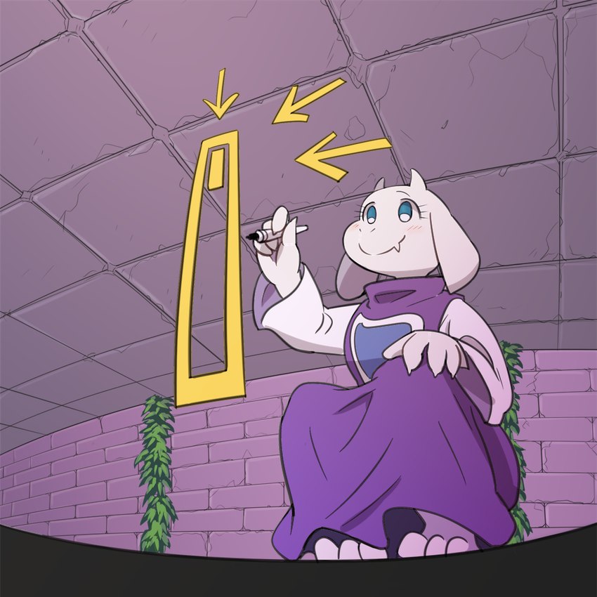 anthro barefoot brick_wall clothing detailed_background feet female floppy_ears smile solo toes wall_(structure) nyusu_ut undertale_(series) toriel bovid caprine goat mammal 1:1