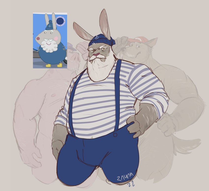 anthro beard bottomwear clothing facial_hair hat headgear headwear humanoid_hands male mature_male overweight overweight_male pants shirt suspenders topwear rneves_069 peppa_pig grampy_rabbit lagomorph leporid mammal rabbit 2022 absurd_res hi_res