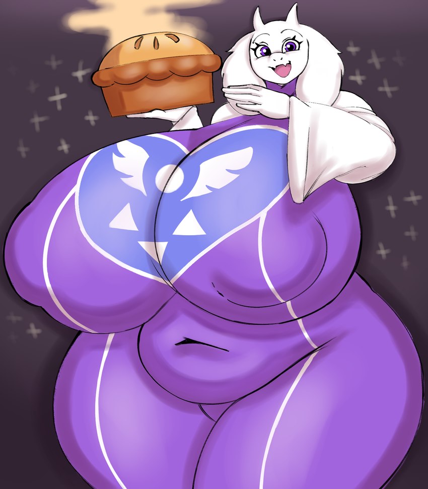 anthro areola_outline big_breasts breasts clothing curvy_figure dessert dress female floppy_ears food holding_food holding_object holding_pie horn huge_breasts looking_at_viewer navel open_mouth pastry pie purple_eyes robe slightly_chubby solo thick_thighs tight_clothing tight_dress venus_figure white_body wide_hipped_female wide_hips geebie33 undertale undertale_(series) toriel boss_monster_(undertale) bovid caprine goat mammal digital_media_(artwork) hi_res