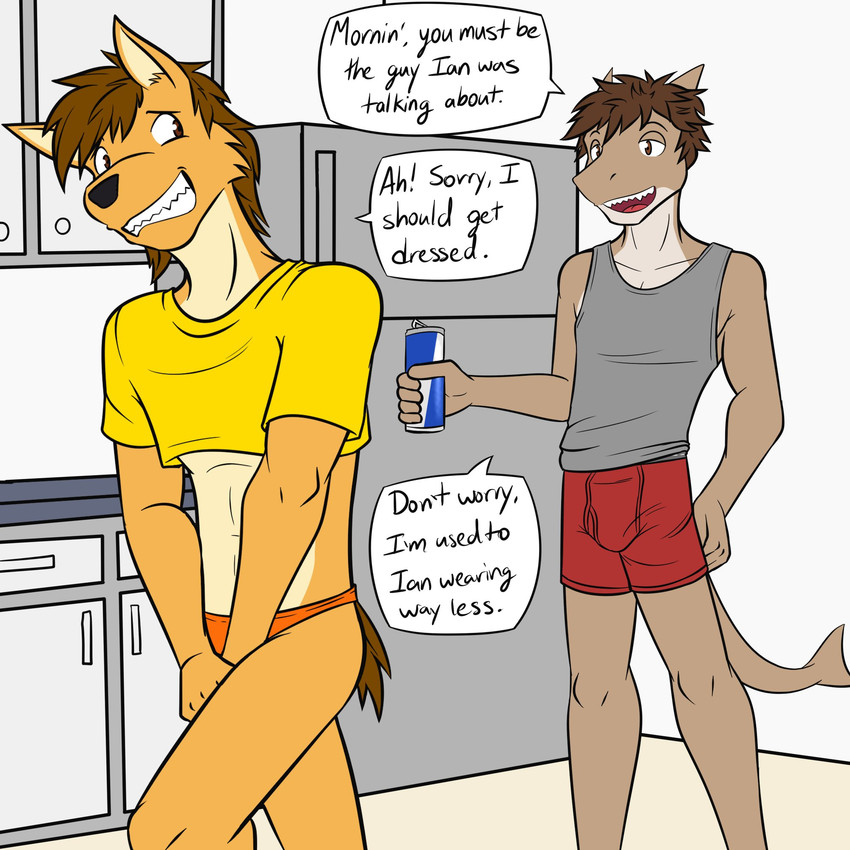 anthro appliance beverage beverage_can boxer_briefs bulge can clothed clothing container covering covering_crotch crop_top dialogue duo embarrassed fridge holding_beverage holding_can holding_container holding_object kitchen_appliance male midriff shirt skimpy tank_top text thong topwear underwear fuze texnatsu mond_reyes canid canine canis coyote fish mammal marine shark 1:1 comic english_text hi_res