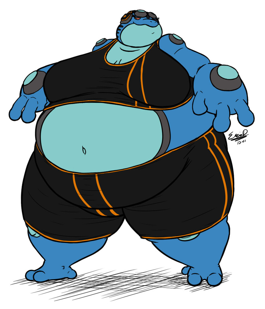 anthro belly belly_overhang big_belly big_breasts bottomwear breasts clothing eyewear female goggles navel obese obese_anthro obese_female overweight overweight_anthro overweight_female simple_background solo thick_thighs topwear wide_hips eddy_okapi nintendo pokemon amphibian frog generation_5_pokemon pokemon_(species) seismitoad toad_(frog) signature