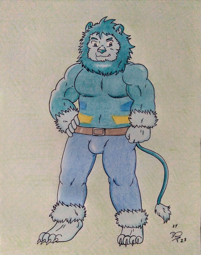 4_toes 5_fingers anthro barazoku belt blue_bottomwear blue_clothing blue_pants bottomwear bulge clothed clothing coat eyebrows feet fingers fur green_background hand_on_hip looking_at_viewer male mane manly multicolored_body muscular muscular_anthro muscular_male pants pecs simple_background smile standing tail tail_tuft teal_body teal_clothing teal_eyes teal_nose thick_eyebrows toes topwear tuft dashthefox felid lion mammal pantherine absurd_res hi_res traditional_media_(artwork)