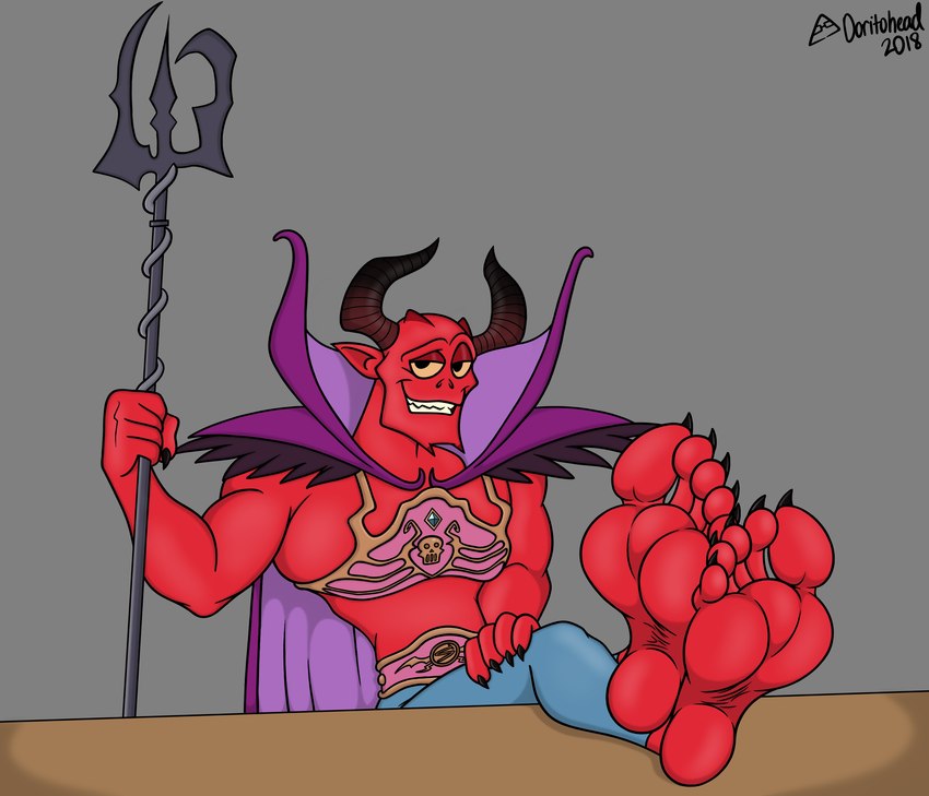 bedroom_eyes cape claws clothing dot_eyes feet feet_up fingers foot_focus grey_background horn humanoid_feet humanoid_pointy_ears looking_at_viewer male melee_weapon muscular muscular_humanoid muscular_male narrowed_eyes not_furry plantigrade pointy_ears polearm red_body red_skin seductive simple_background simple_eyes sitting smile solo teeth toes trident weapon yellow_sclera doritohead disney wreck-it_ralph saitine demon humanoid 2018 absurd_res artist_name digital_media_(artwork) hi_res signature