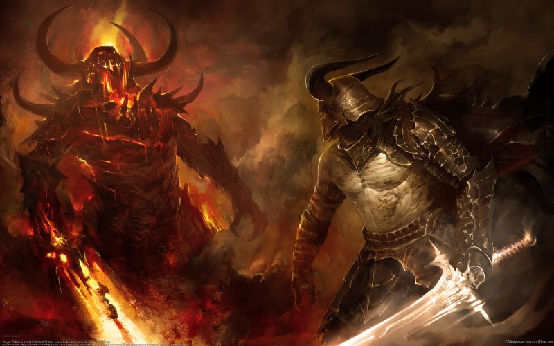 angry battle cape clothing duel duo fire glowing hero holy horn knight lava light male melee_weapon smoke sword teeth warrior weapon demon elemental_creature mineral_fauna 16:10 hi_res widescreen