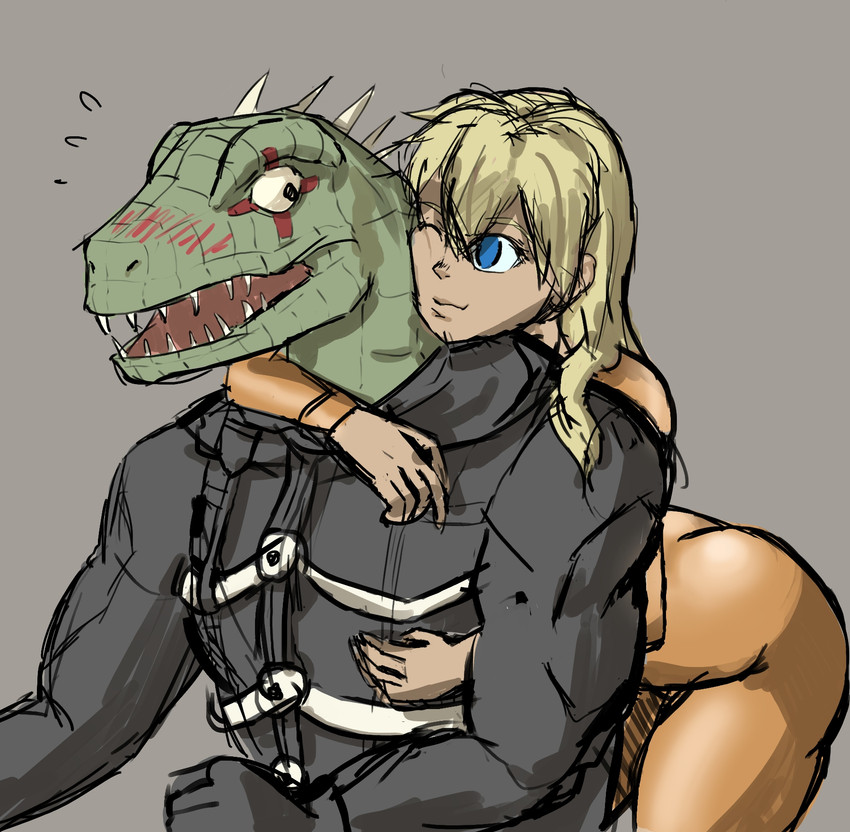 blonde_hair blush butt clothed clothed/nude clothing duo eye_markings female hair hug hugging_another hugging_from_behind jumpsuit male markings nude one_eye_closed wink angryartskimo dorohedoro kaiman_(dorohedoro) nikaido_(dorohedoro) alligatorid caiman crocodilian lizard reptile scalie hi_res