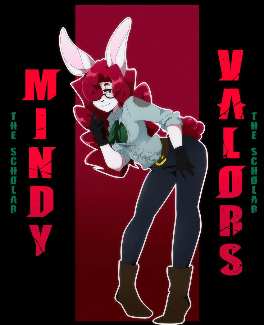 anthro boots clothing eyewear female footwear fur glasses gloves gradient_background hair handwear kerchief long_ears neckerchief neckwear red_hair shoes simple_background solo text title_card transparent_background uniform white_body white_fur aidmoon capslokked mindy_(capslokked) mindy_valors lagomorph leporid mammal rabbit alpha_channel hi_res