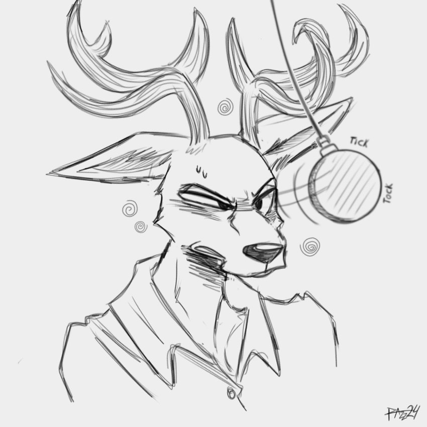 angry anthro antlers clock clothing deer_ears fur horn hypnosis male mind_control pendulum pendulum_swing pocketwatch resisting shirt simple_background snout solo spiral topwear watch boxidle beastars louis_(beastars) deer mammal 1:1 hi_res monochrome