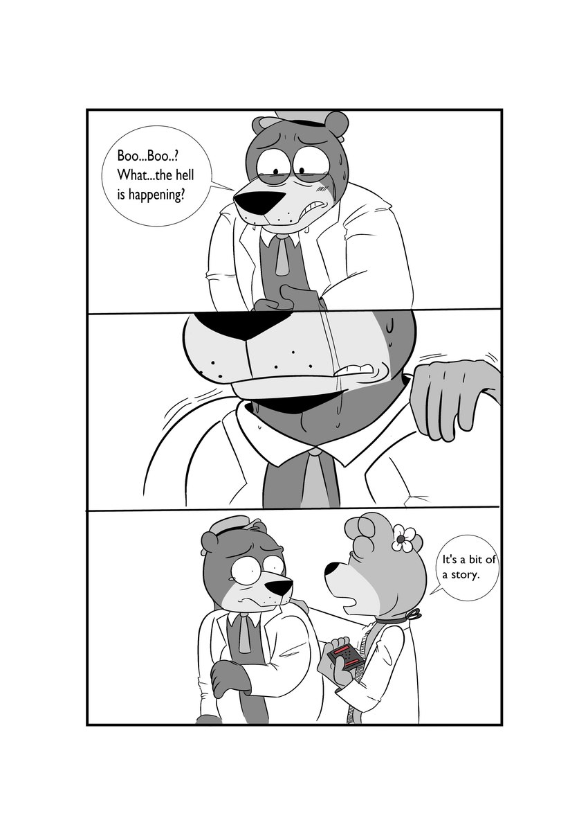 anthro bodily_fluids border clothing crying dialogue duo eyes_closed humanoid_hands necktie scared shirt tears topwear white_border beargarbage hanna-barbera jellystone_(hbo_max) yogi_bear cindy_bear yogi_bear_(character) bear mammal 2021 absurd_res comic hi_res