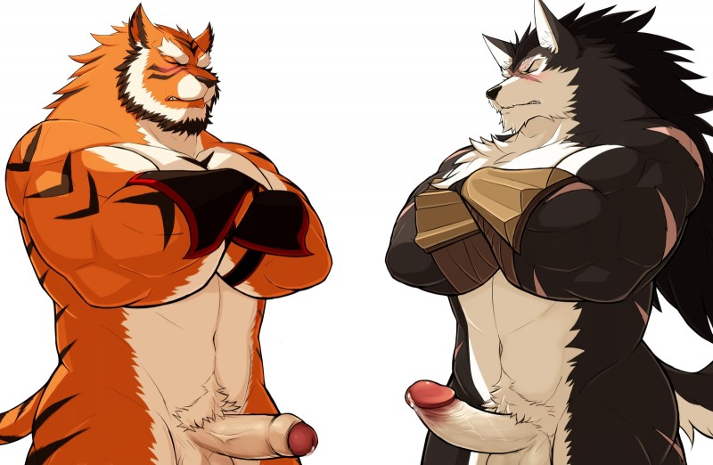 anthro balls biceps big_muscles big_penis black_body black_fur black_stripes blush bodily_fluids crossed_arms duo erection eyes_closed foreskin fur genital_fluids genitals glans humanoid_genitalia humanoid_penis male male/male markings multicolored_body multicolored_fur muscular muscular_male nude orange_body orange_fur partially_retracted_foreskin penis pose precum pubes purple_eyes retracted_foreskin scar simple_background stripes two_tone_body two_tone_fur white_background white_body white_fur yellow_eyes drks sega shining_(sega) shining_wind raihi_(shining) rouen_(shining) canid canine canis felid mammal pantherine tiger wolf alternate_version_at_source colored hi_res