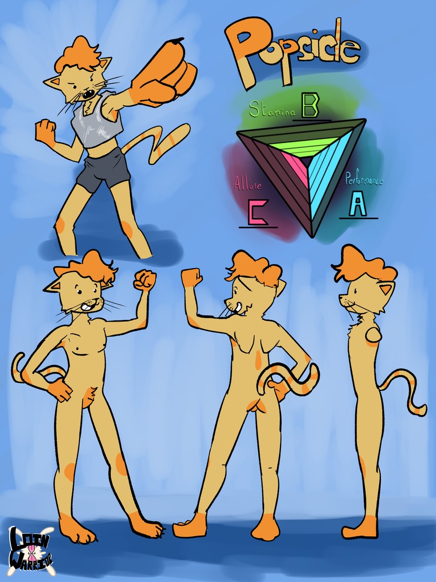 anthro armor bottomwear clothing fur male orange_body orange_fur pompadour shorts solo stats loin_warrior popsicle_(loin_warrior) domestic_cat felid feline felis mammal 3:4 absurd_res hi_res model_sheet