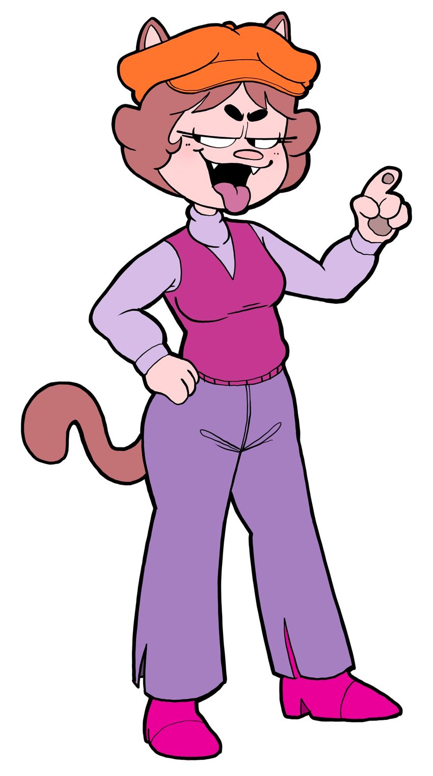 anthro boots bottomwear clothed clothing female footwear hair hat headgear headwear open_mouth pants raised_hand shirt shoes short_hair simple_background solo tail tongue tongue_out topwear creator_ant amy_(creator_ant) domestic_cat felid feline felis mammal hi_res