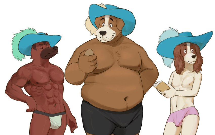 anthro brown_body button_ears clothing floppy_ears group hat headgear headwear jockstrap male muscular muscular_male overweight overweight_male tan_body trio underwear swarentaiger dogtanian_and_the_three_muskehounds aramis_(muskehounds) athos_(muskehounds) porthos_(muskehounds) bird_dog canid canine canis domestic_dog german_shepherd herding_dog hunting_dog mammal mastiff molosser pastoral_dog spaniel hi_res