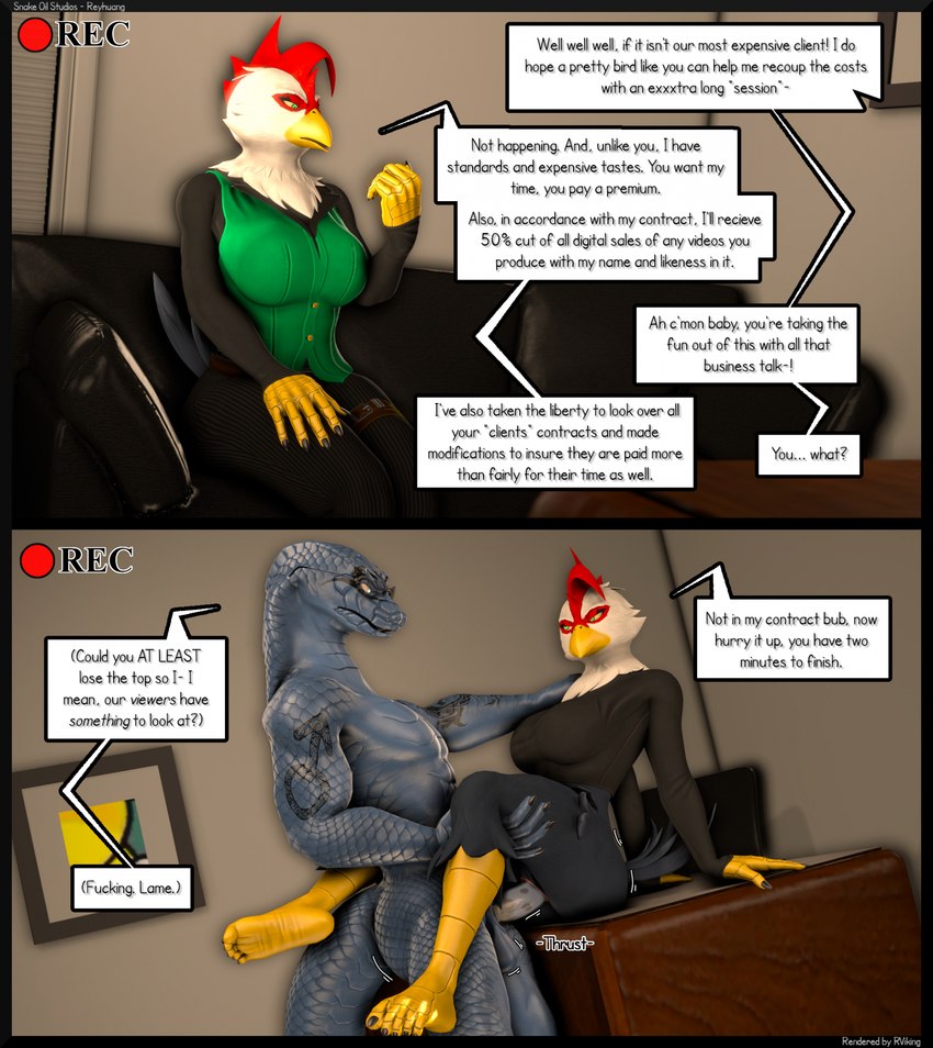 5_fingers 5_toes annoyed anthro anthro_on_anthro anthro_penetrated anthro_penetrating anthro_penetrating_anthro big_breasts black_body black_feathers blue_body blue_scales bored bottomless bottomless_anthro bottomless_female bottomwear breasts butt camera_view casting_couch clothed clothed_anthro clothed_female clothing desk dialogue duo feathers feet female female_penetrated fingers furniture genitals humanoid_feet humanoid_hands inside interspecies interview male male/female male_penetrating male_penetrating_female nude nude_anthro nude_male on_desk on_sofa pants partially_clothed partially_clothed_anthro partially_clothed_female penetration penile penile_penetration penis penis_in_pussy plantigrade profanity pussy recording scales sex shirt sitting sitting_on_desk sitting_on_sofa sofa speech_bubble table talons text toes topwear vaginal vaginal_penetration vest white_body white_feathers reindeerviking petruz_(copyright) khan_(atoastedorange) reyhuang_(petruz) avian bird black_mamba chicken elapid_(snake) galliform gallus_(genus) mamba phasianid reptile scalie snake 2024 3d_(artwork) comic digital_media_(artwork) english_text hi_res source_filmmaker_(artwork)