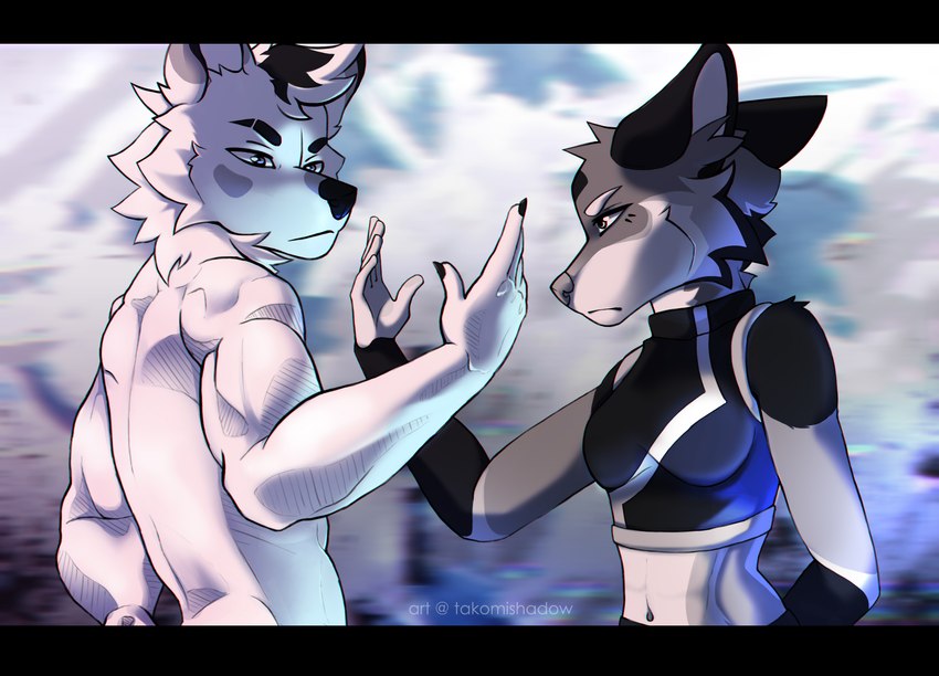 abstract_background anthro athletic black_bars bra chaos clothing contempt dancing duo female male muscular simple_background sports_bra underwear takomishadow ashen_(maledictionz) misha_(takomishadow) arctic_wolf canid canine canis coyote mammal wolf absurd_res hi_res letterbox monochrome sketch