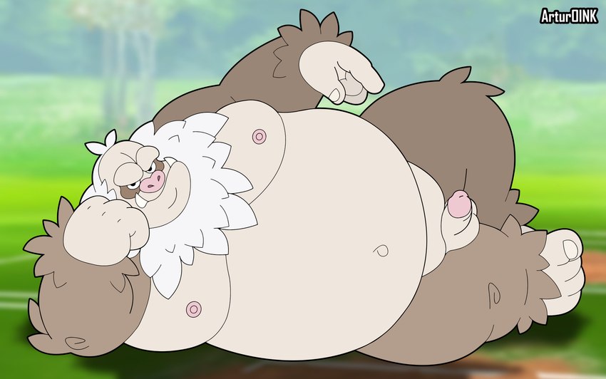anthro balls belly big_belly erection genitals humanoid_genitalia humanoid_hands humanoid_penis lying male moobs navel nipples obese obese_male overweight overweight_male penis small_penis solo artur_oink nintendo pokemon generation_3_pokemon pokemon_(species) slaking 2022 absurd_res hi_res