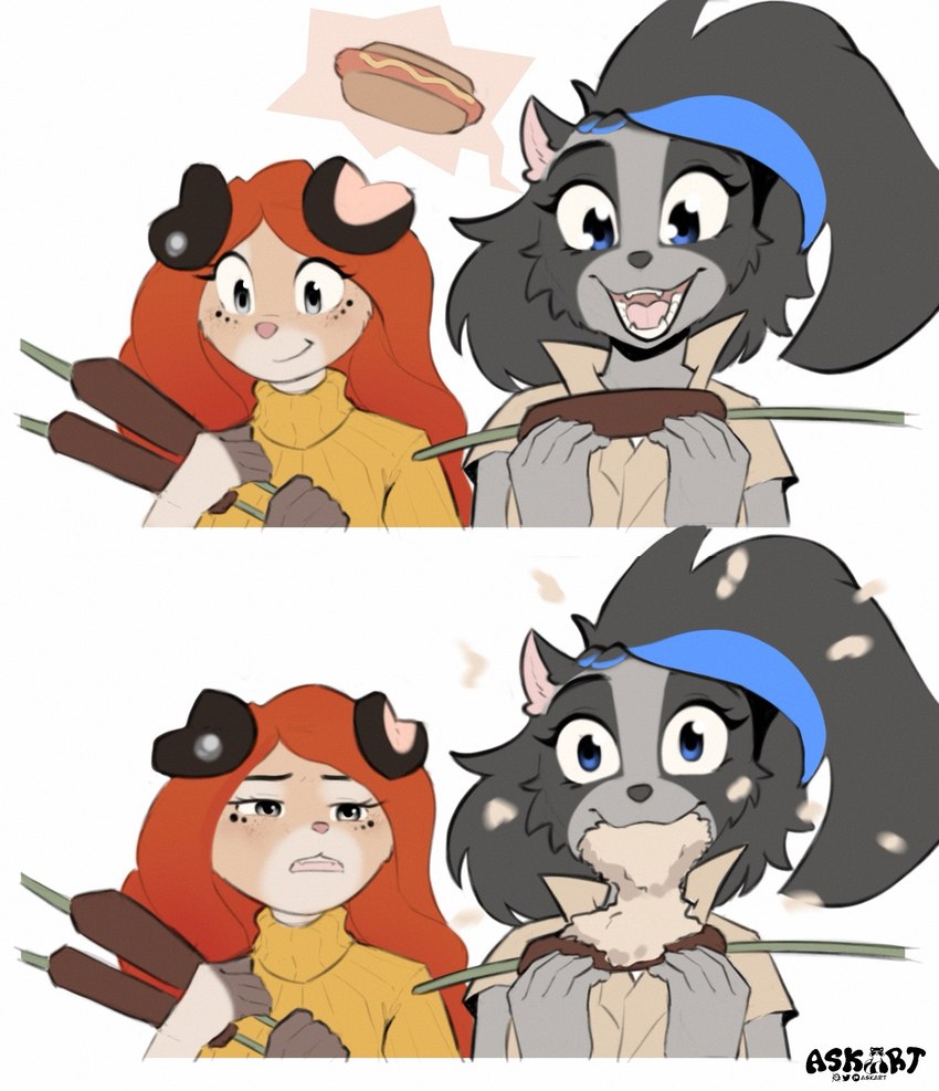 5_fingers anthro blue_eyes cattail_(plant) clothed clothed_anthro clothed_female clothing duo ear_piercing female fingers fur grey_body grey_fur grey_hair hair holding_object looking_at_another looking_at_object looking_down looking_down_at_object open_mouth open_smile orange_hair piercing simple_background smile tan_body tan_fur teeth tongue topwear white_background askart bitchi_(askart) muffin_(askart) canid canine canis domestic_dog mammal procyonid raccoon 2025 digital_media_(artwork) hi_res