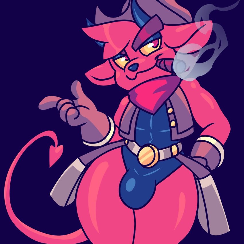 :3 anthro bulge cigar clothing cowboy_hat fur gloves handwear hat headgear headwear holster horn kerchief leotard male red_body red_fur smoking smug solo spade_tail tail yellow_sclera astralsheep kings_of_hell gremile_'hotshot' demon imp 1:1