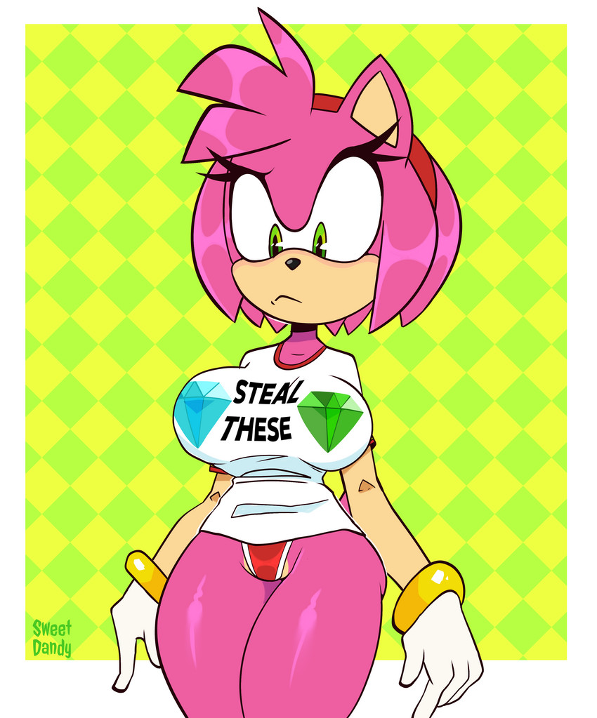 anthro big_breasts breasts clothed clothing curvy_figure female gloves green_eyes handwear looking_down panties pattern_background pink_body shirt simple_background solo standing t-shirt text thick_thighs topwear underwear white_clothing white_gloves white_handwear white_shirt white_topwear wide_hips monamania sega sonic_the_hedgehog_(series) amy_rose eulipotyphlan hedgehog mammal 2021 absurd_res english_text hi_res portrait three-quarter_portrait