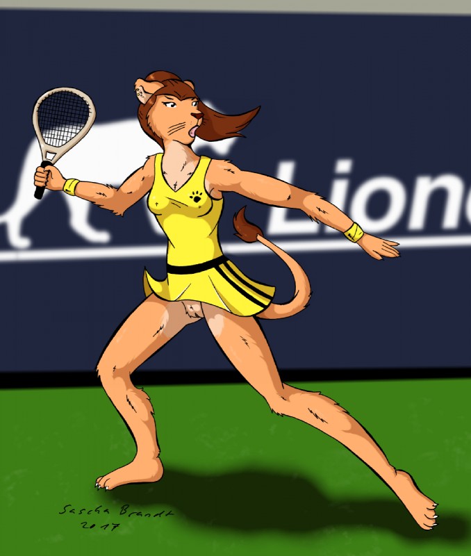 anthro bottomless breasts brown_hair casual_exposure cleavage clothed clothing ear_piercing female flashing genitals hair no_underwear piercing pussy solo sport tennis tennis_racket underwear upskirt wrist_braces lionclaw1 sandra's_day sandra_lionheart felid lion mammal pantherine slip_(disambiguation) hi_res