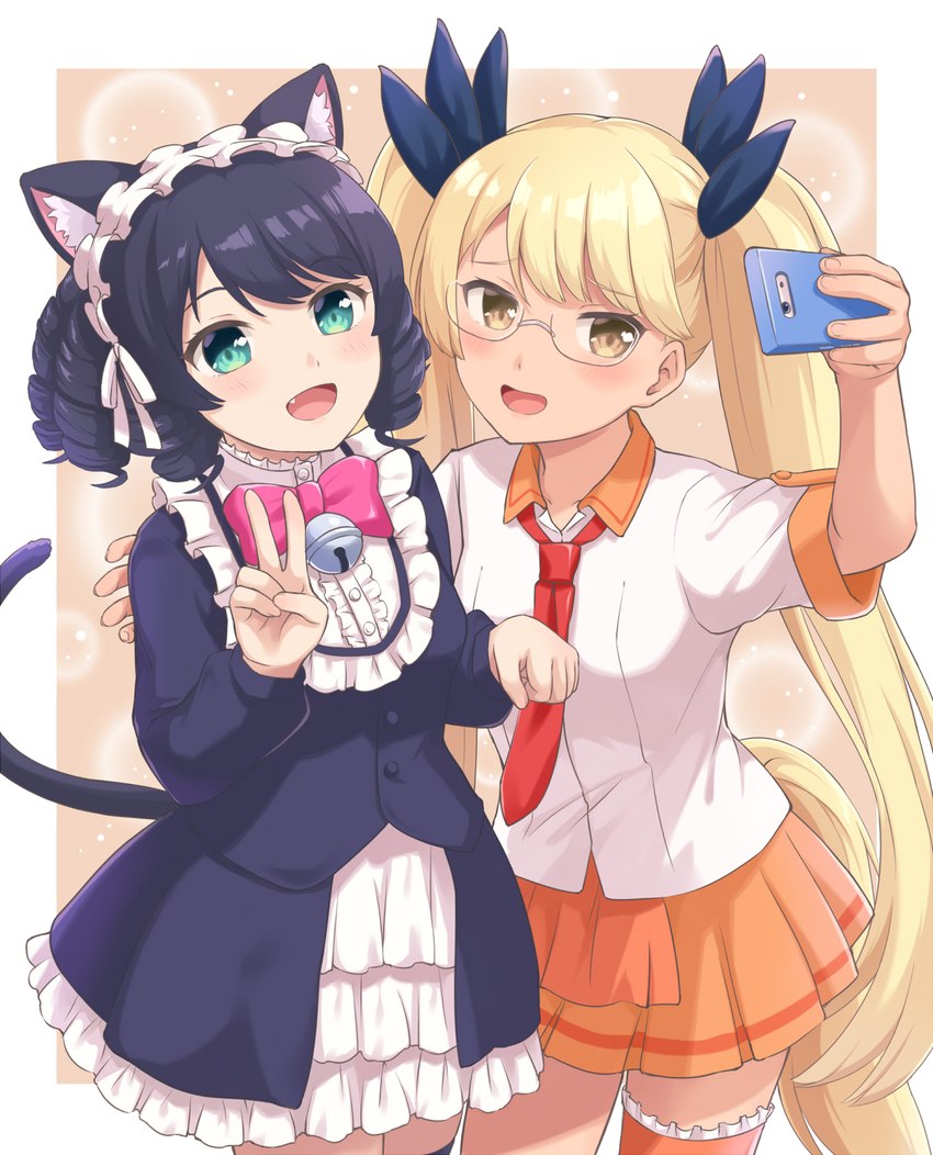 alternative_fashion black_hair blonde_hair blue_eyes blush breasts cellphone duo electronics eyewear fangs female glasses goth gothic_lolita gyaru hair j-fashion kogal lolita_(fashion) long_hair open_mouth phone selfie short_hair smartphone smile tan_body tan_skin teeth yellow_eyes machikado07 sanrio show_by_rock!! cyan_hijirikawa retoree_(show_by_rock!!) animal_humanoid bird_dog canid canid_humanoid canine canine_humanoid canis cat_humanoid dog_humanoid domestic_cat domestic_dog felid felid_humanoid feline feline_humanoid felis golden_retriever humanoid hunting_dog mammal mammal_humanoid retriever hi_res